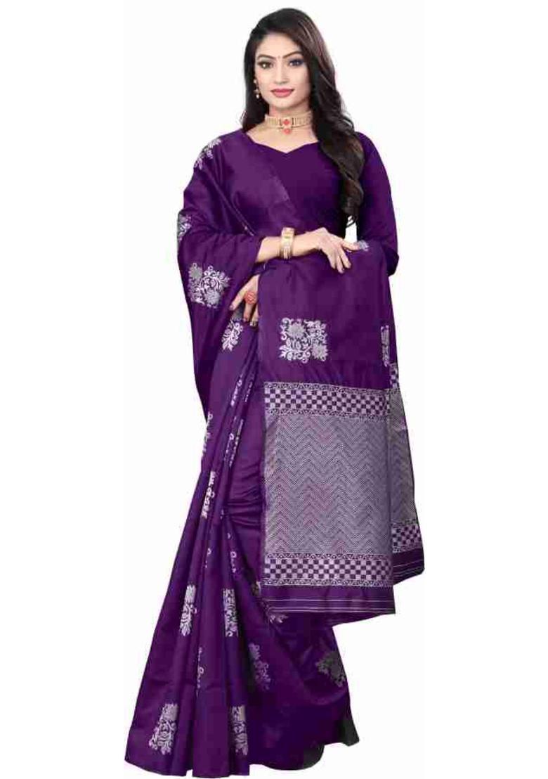 Purple Woven Silk Blend Saree Set - Indya