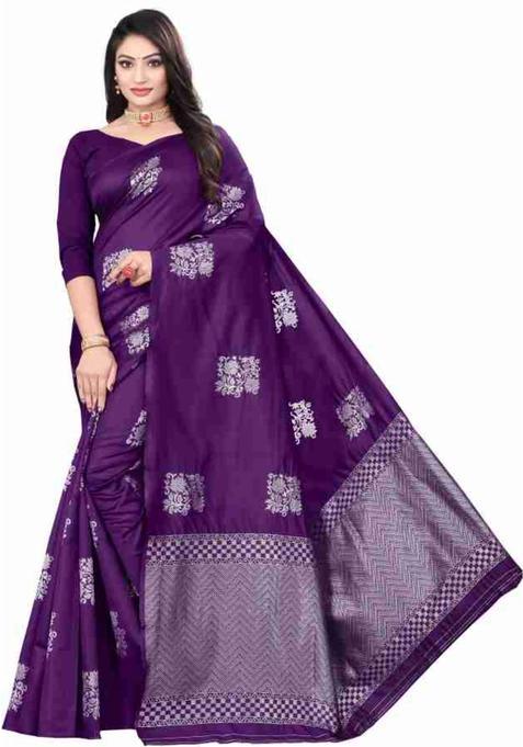 Purple Woven Silk Blend Saree Set