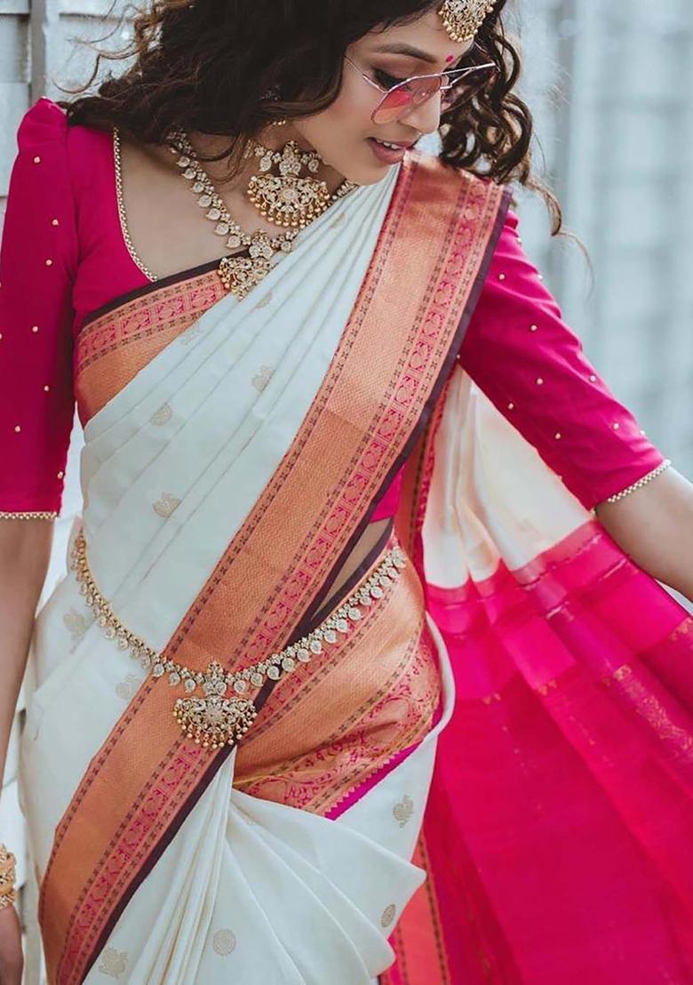 White Woven Jacquard Saree Set - Indya