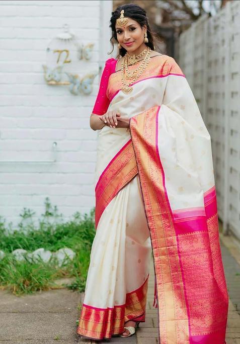 White Woven Jacquard Saree Set