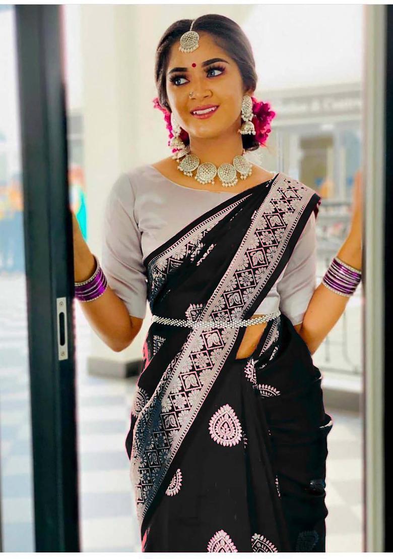 Black Woven Jacquard Saree Set - Indya
