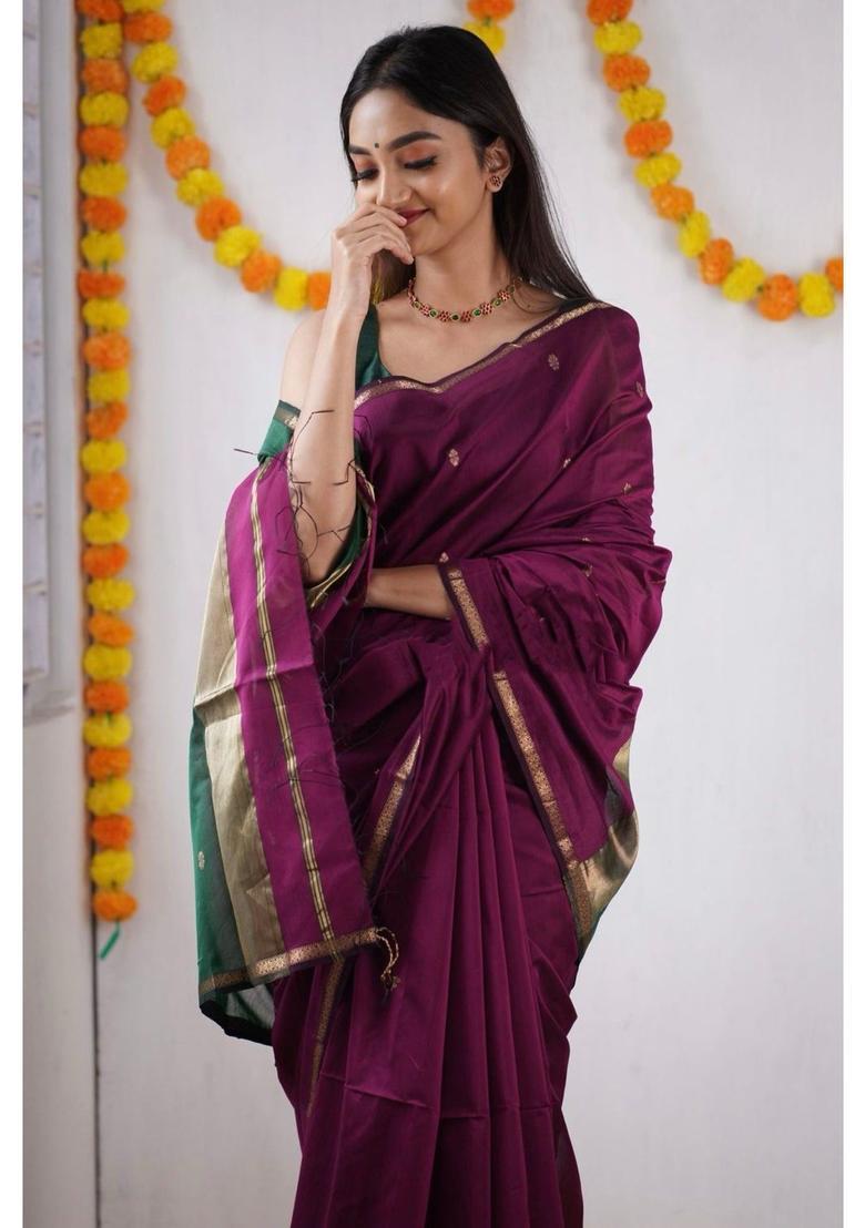 Purple Woven Jacquard Saree Set - Indya