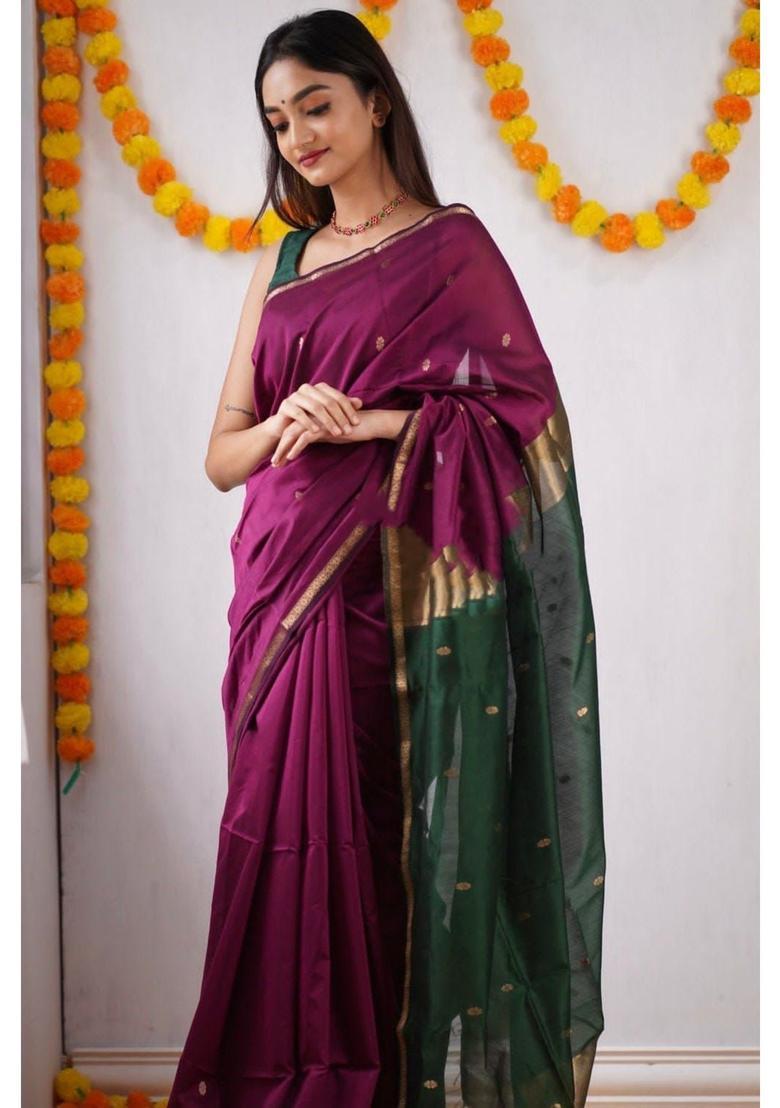 Purple Woven Jacquard Saree Set - Indya