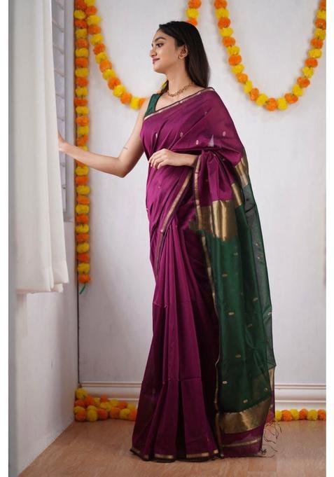 Purple Woven Jacquard Saree Set