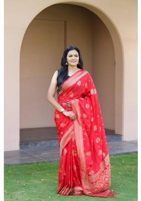 Red Woven Silk Blend Saree Set