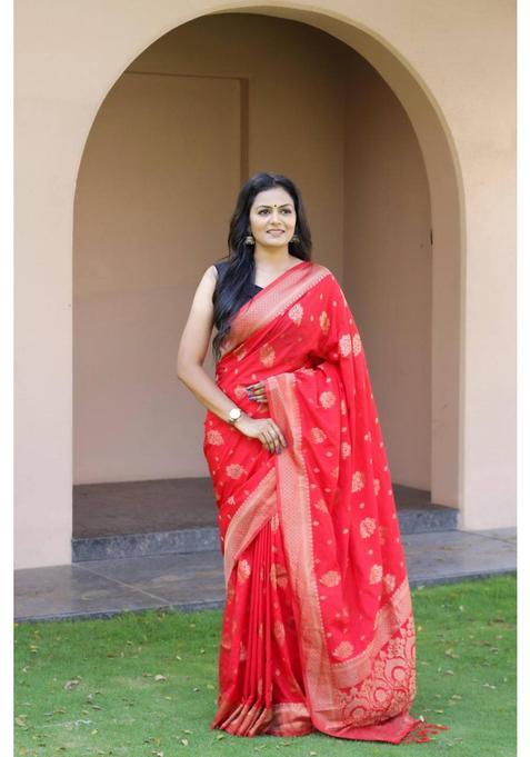 Red Woven Silk Blend Saree Set