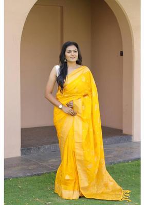 Yellow Woven Silk Blend Saree Set