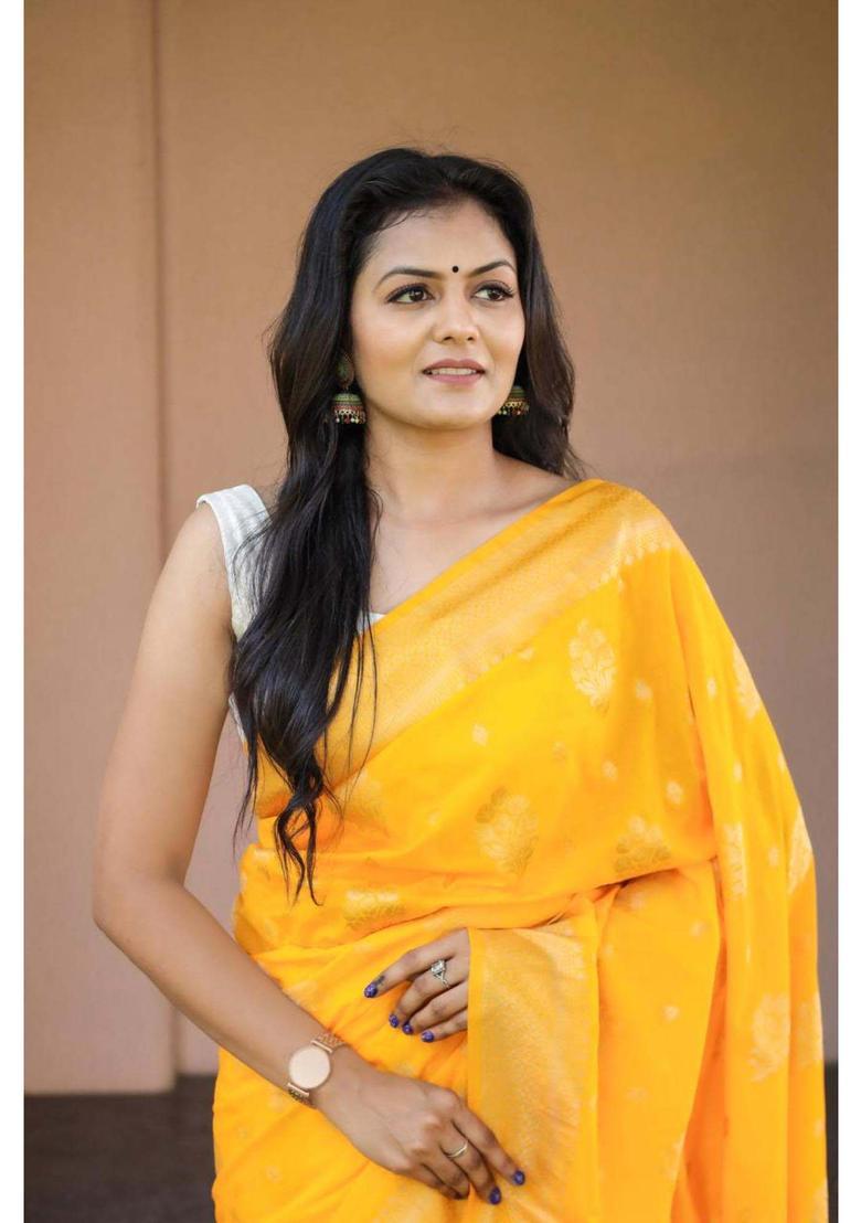 Yellow Woven Silk Blend Saree Set - Indya