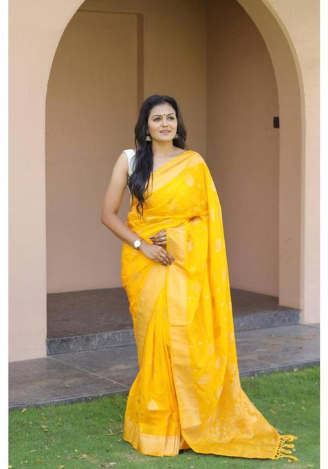Yellow Woven Silk Blend Saree Set