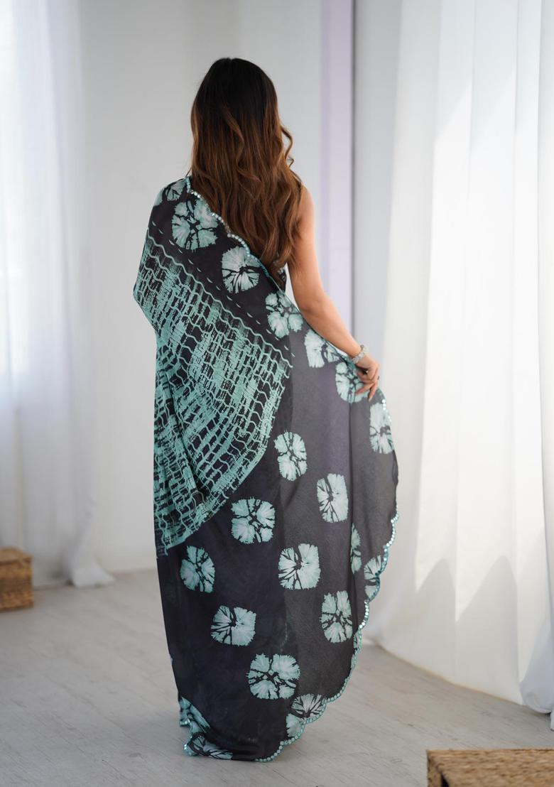 Green Printed Chinon Saree Set - Indya