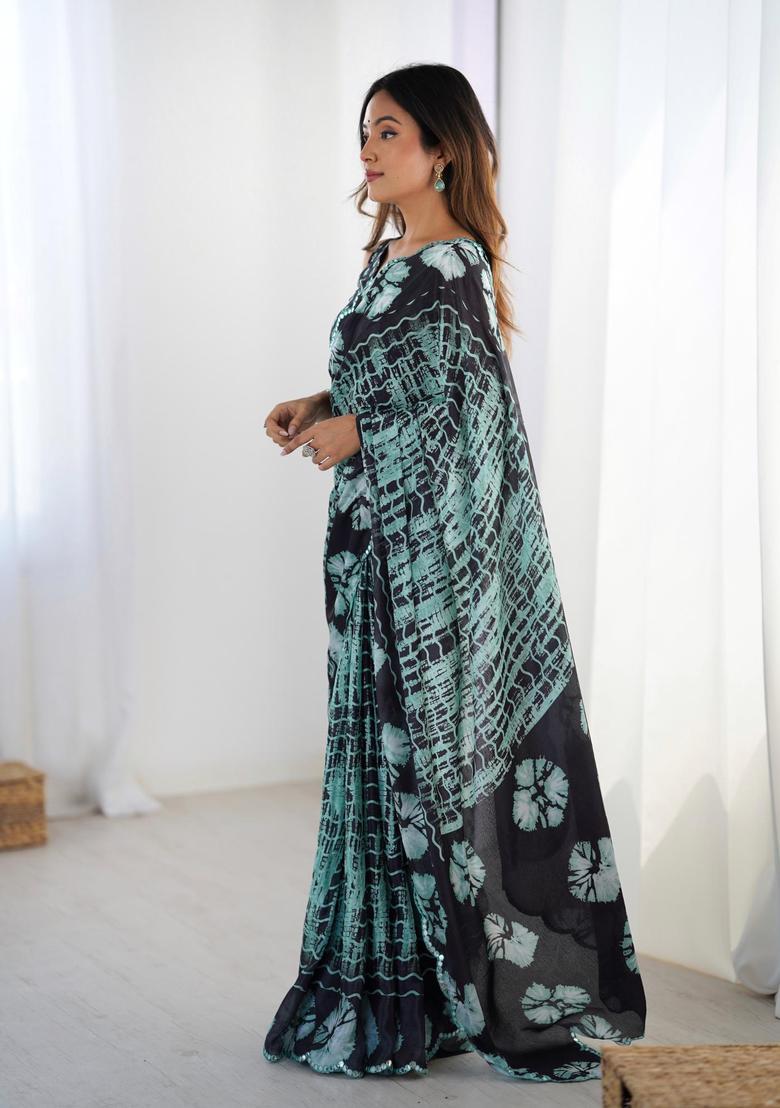 Green Printed Chinon Saree Set - Indya