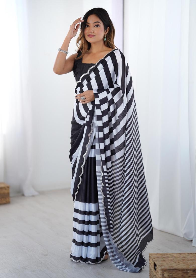Multicolor Stripes Chinon Saree Set - Indya