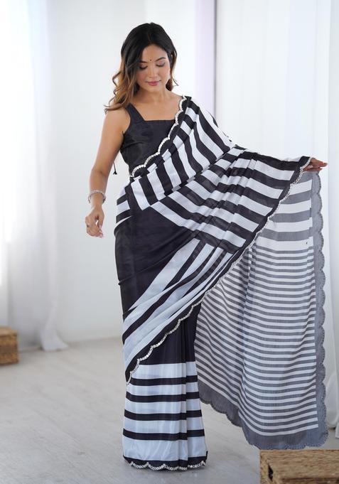 Multicolor Stripes Chinon Saree Set