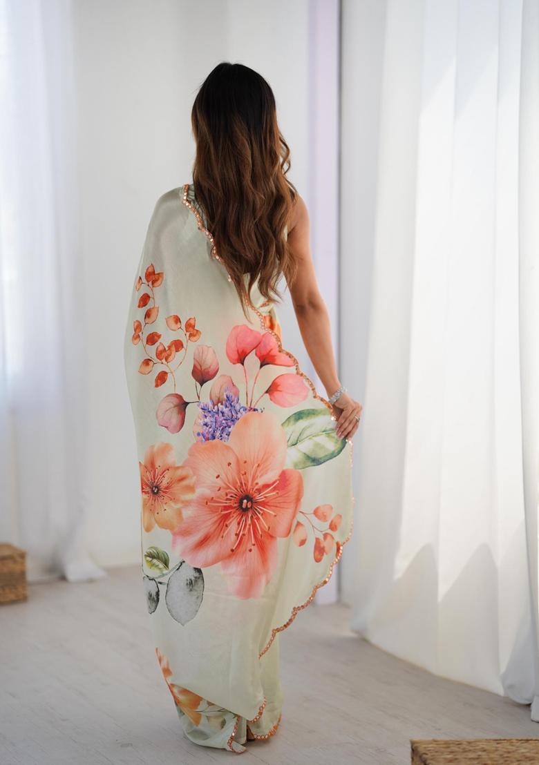 Multicolor Floral Print Chinon Saree Set - Indya