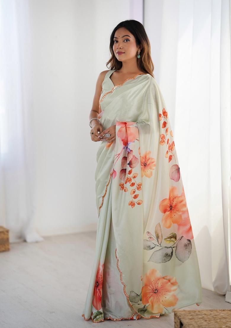 Multicolor Floral Print Chinon Saree Set - Indya