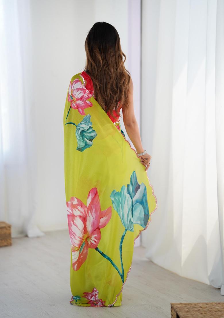 Yellow Floral Print Chinon Saree Set - Indya