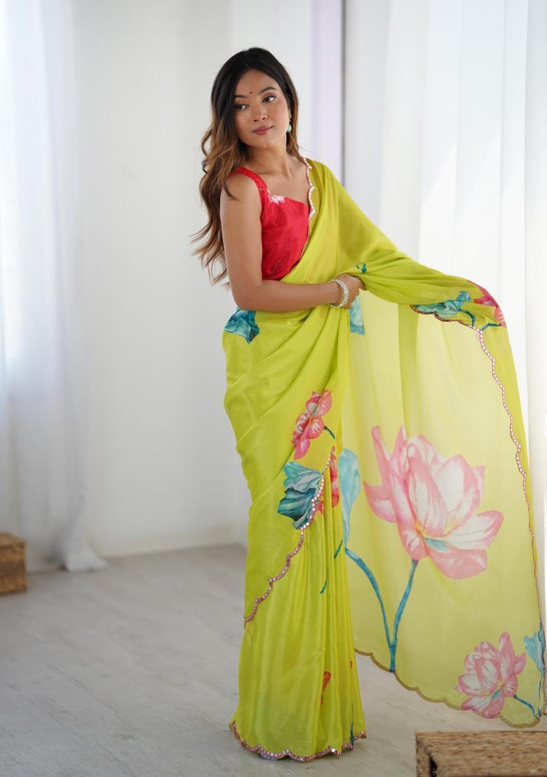 Yellow Floral Print Chinon Saree Set - Indya
