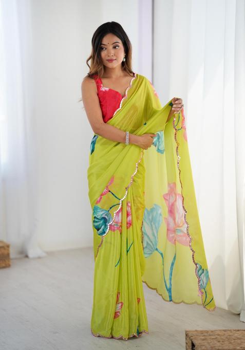 Yellow Floral Print Chinon Saree Set