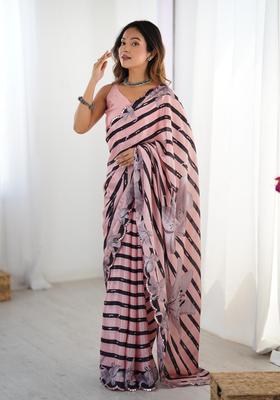 Multicolor Stripes Chinon Saree Set