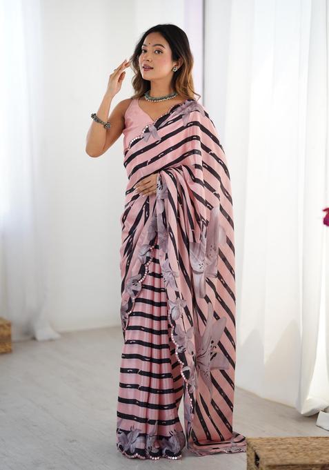 Multicolor Stripes Chinon Saree Set
