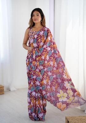 Maroon Printed Chinon Saree Set