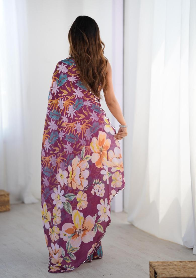 Maroon Printed Chinon Saree Set - Indya
