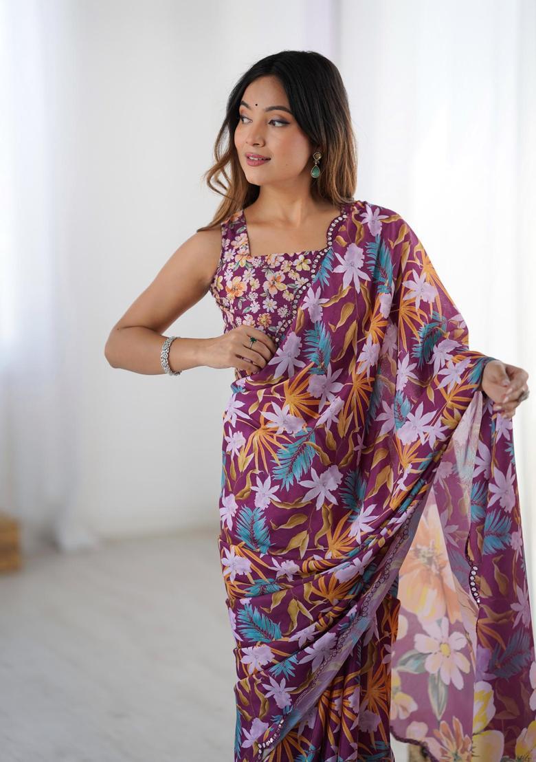 Maroon Printed Chinon Saree Set - Indya