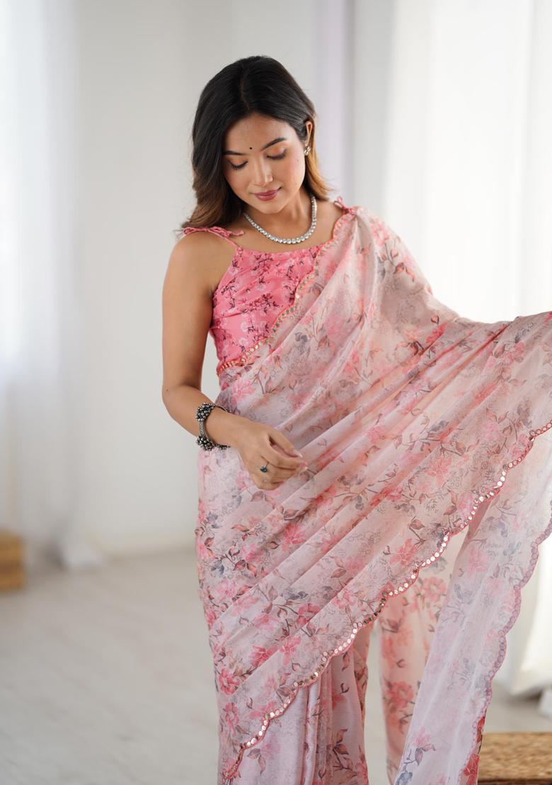 Pink Floral Print Chinon Saree Set - Indya