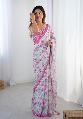Pink Floral Print Chinon Saree Set