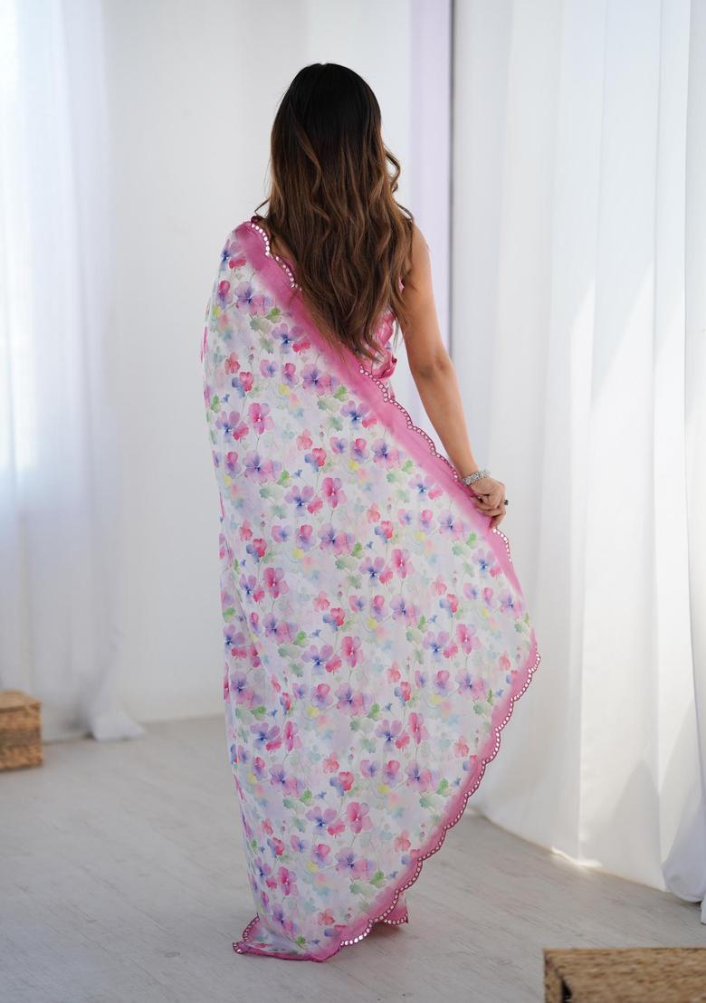Pink Floral Print Chinon Saree Set - Indya