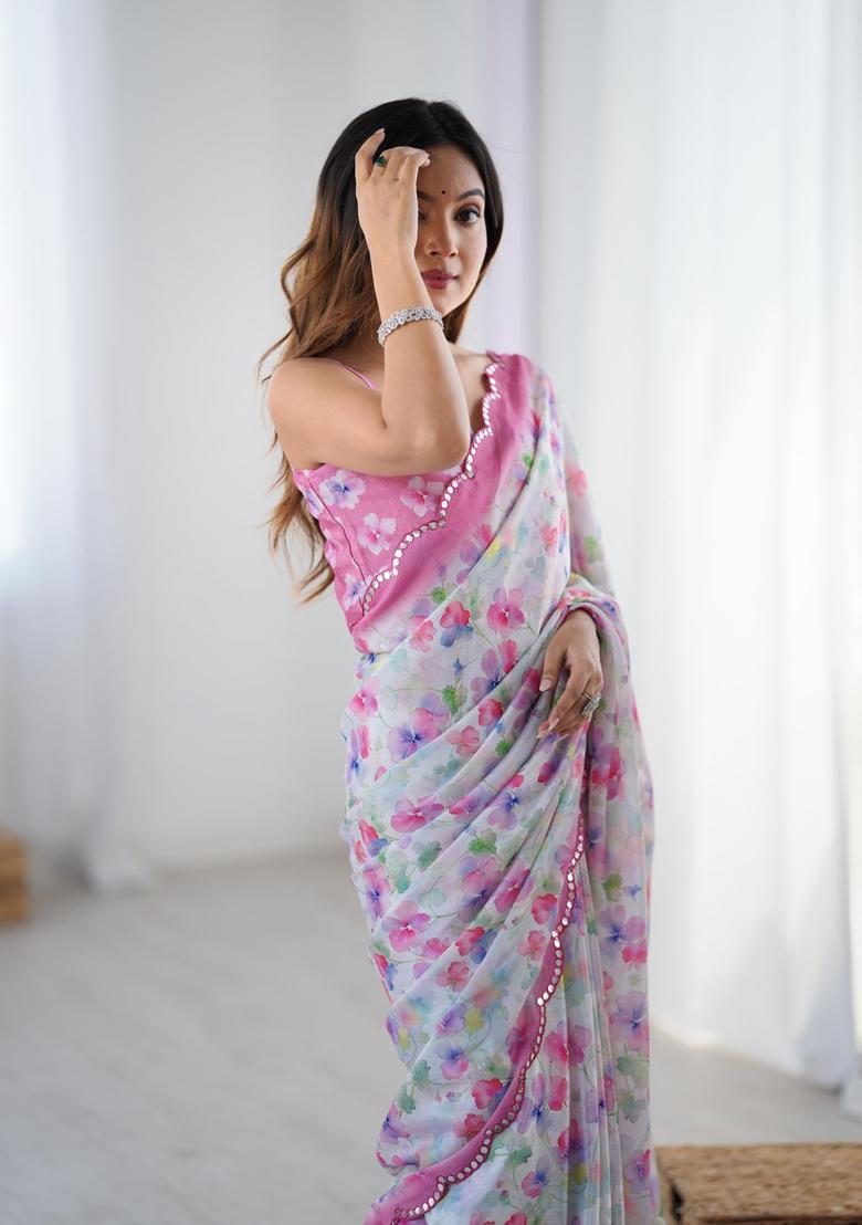Pink Floral Print Chinon Saree Set - Indya