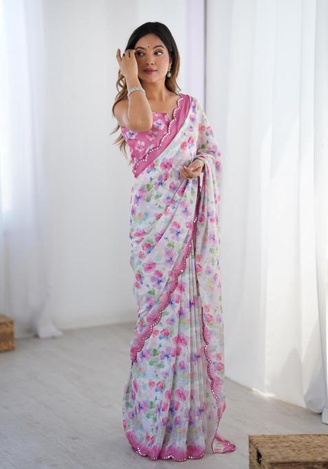 Pink Floral Print Chinon Saree Set