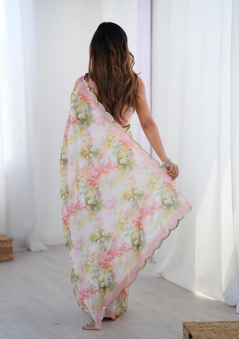 Multicolor Floral Print Chinon Saree Set - Indya