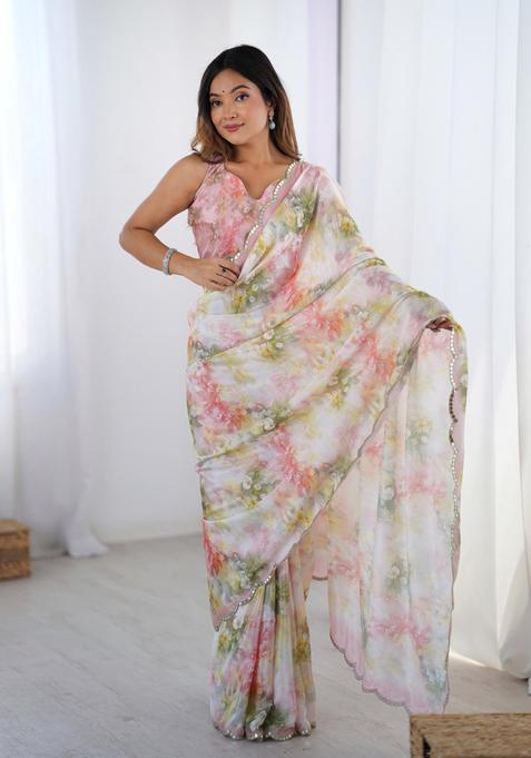 Multicolor Floral Print Chinon Saree Set
