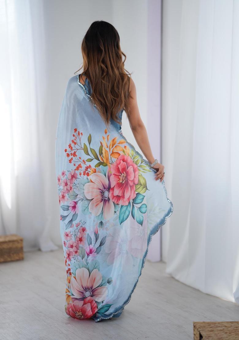 Blue Floral Print Chinon Saree Set - Indya