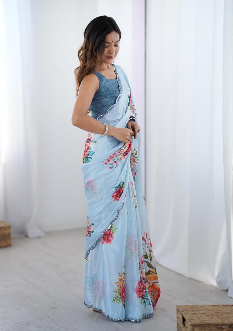 Blue Floral Print Chinon Saree Set - Indya