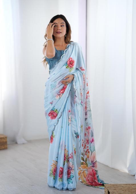 Blue Floral Print Chinon Saree Set