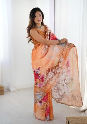Multicolor Floral Print Chinon Saree Set