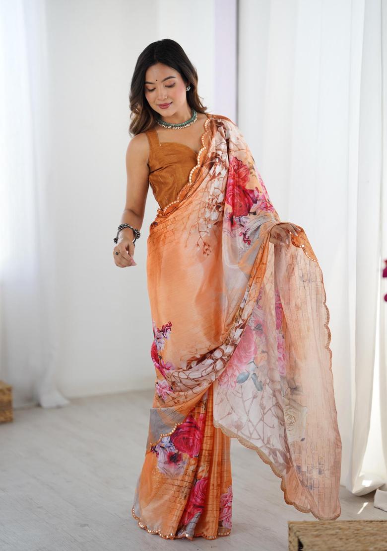 Multicolor Floral Print Chinon Saree Set - Indya