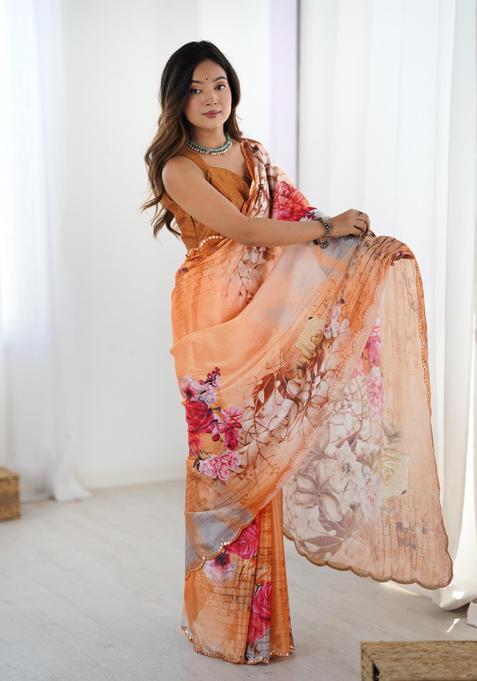 Multicolor Floral Print Chinon Saree Set