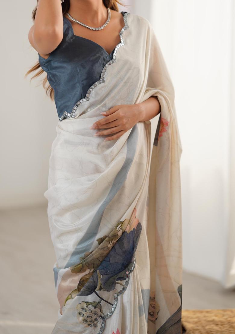 Multicolor Floral Print Chinon Saree Set - Indya
