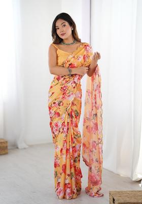 Yellow Floral Print Chinon Saree Set