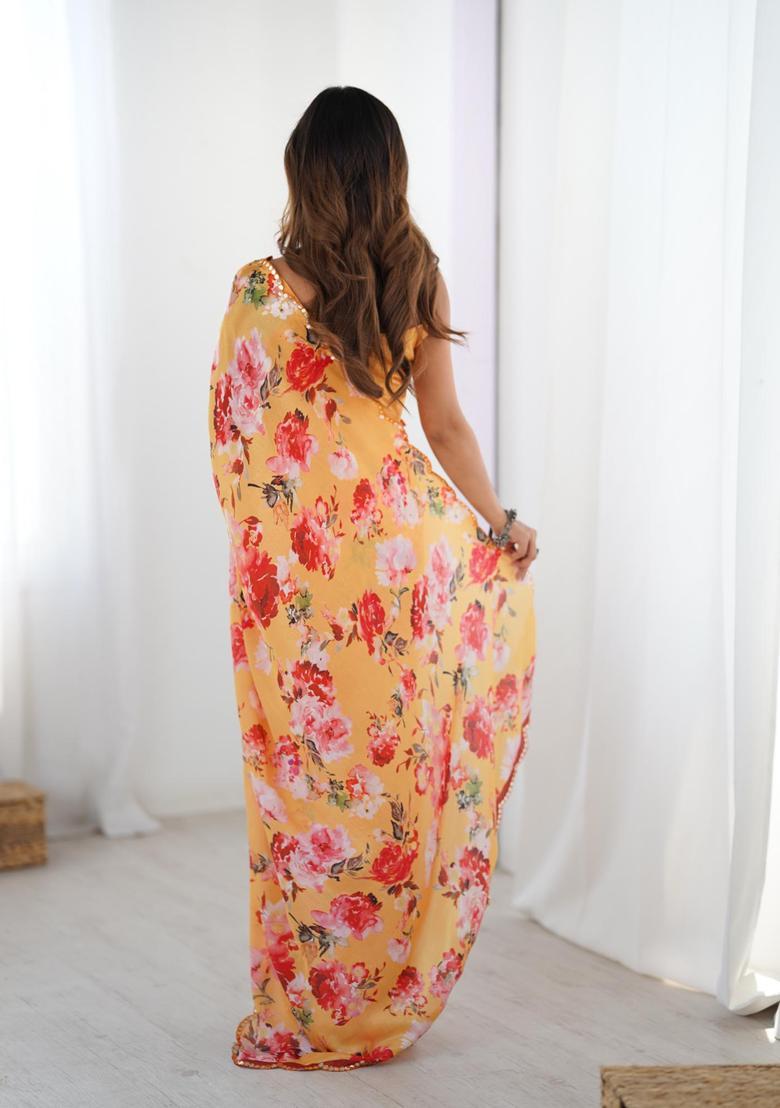 Yellow Floral Print Chinon Saree Set - Indya