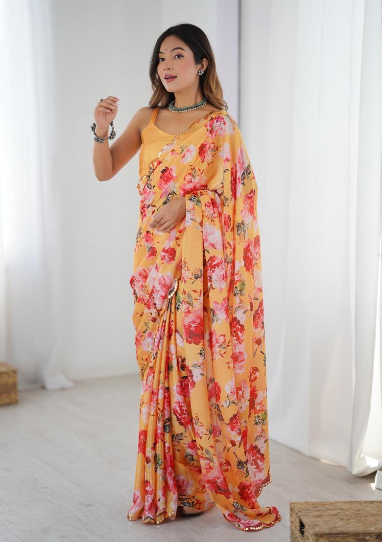 Yellow Floral Print Chinon Saree Set - Indya