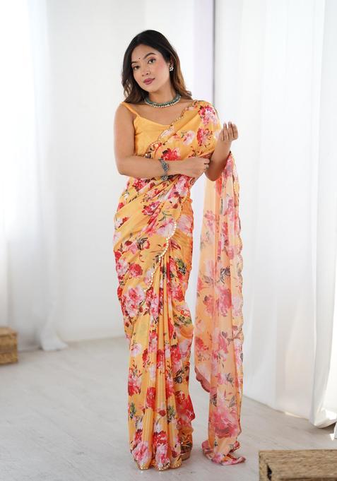 Yellow Floral Print Chinon Saree Set