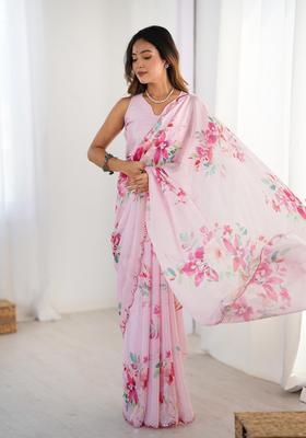 Pink Floral Print Chinon Saree Set