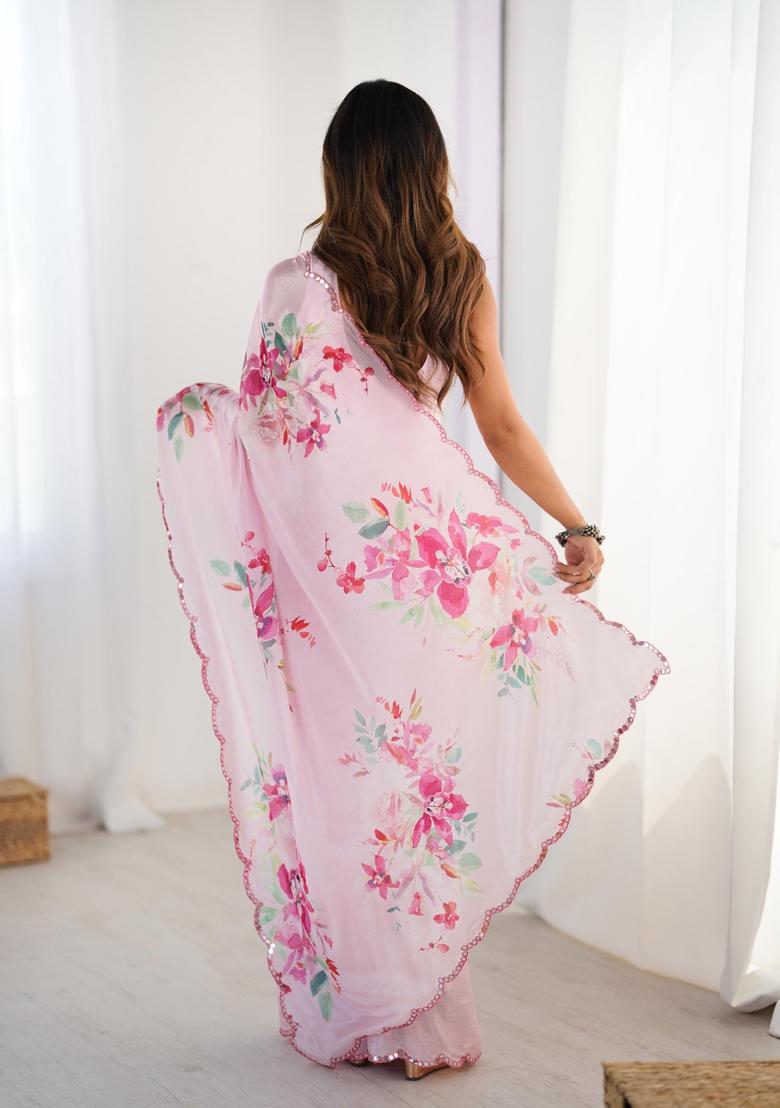 Pink Floral Print Chinon Saree Set - Indya