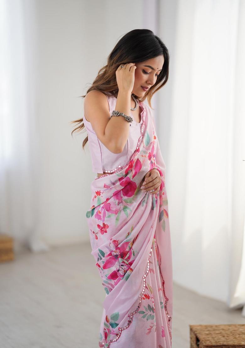 Pink Floral Print Chinon Saree Set - Indya