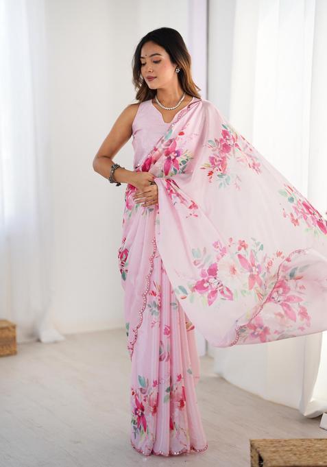 Pink Floral Print Chinon Saree Set