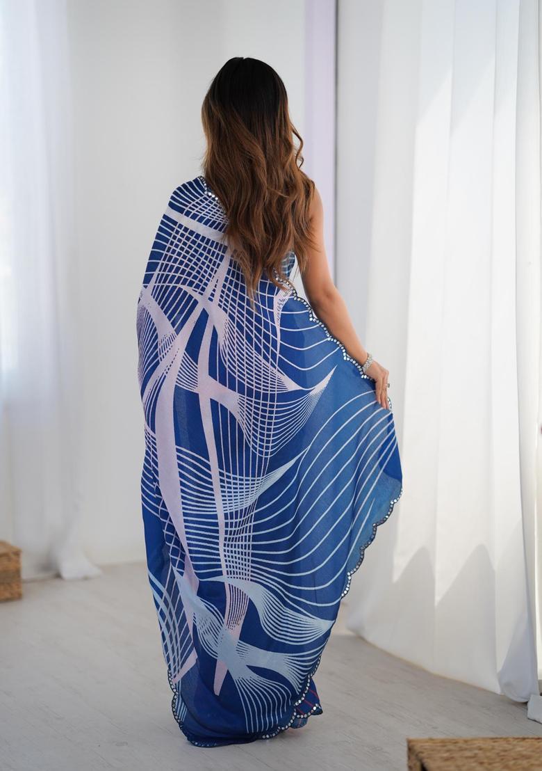 Blue Printed Chinon Saree Set - Indya